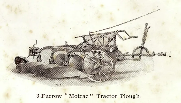 Framed Print : Three-furrow Motrac tractor plough by Ransomes of Ipswich Framed Print : Three-furrow Motrac tractor plough by Ransomes of Ipswich