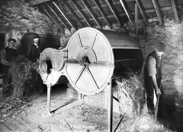 Threshing - an interior view of a thresher in operation by two men