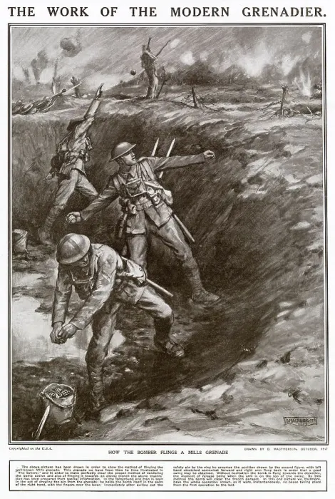 Framed Print : Throwing Mills Grenades in Trenches 1917 Framed Print : Throwing Mills Grenades in Trenches 1917