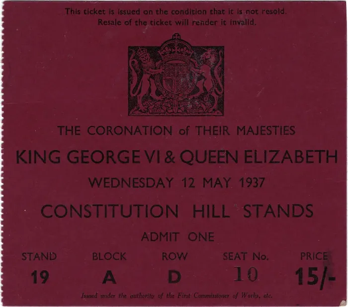 Framed Print : Ticket to The Constitutional Hill Stands, to view the procession and parade on the day of the Coronation of King George VI - Wednesday, May 12, 1937. Date: 1937 Framed Print : Ticket to The Constitutional Hill Stands, to view the procession and parade on the day of the Coronation of King George VI - Wednesday, May 12, 1937. Date: 1937