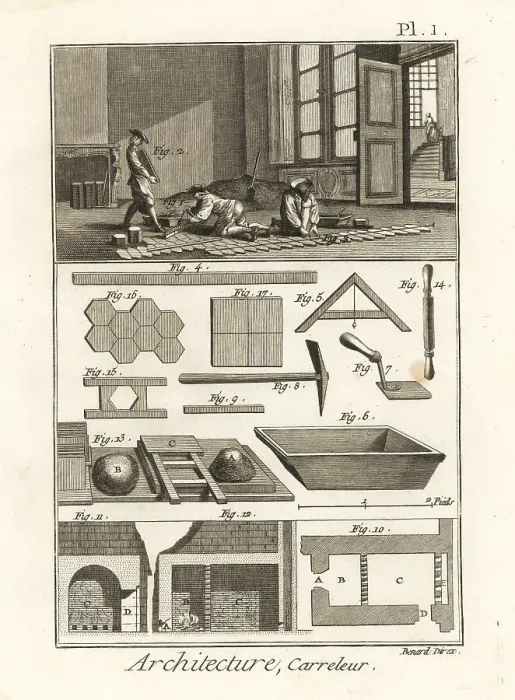 Framed Print : Tilers working on a building floor, 18th century Framed Print : Tilers working on a building floor, 18th century