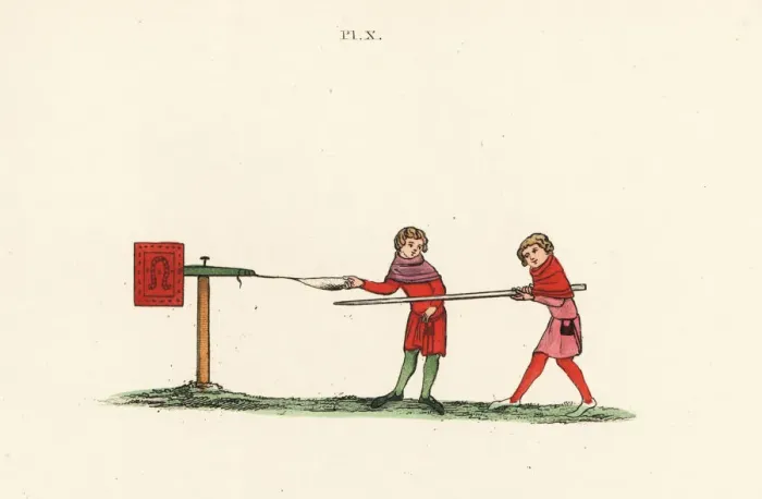 Framed Print : Tilting at a mobile quintain, 14th century Framed Print : Tilting at a mobile quintain, 14th century