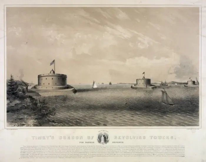 Framed Print : Timbys cordon of revolving towers, for harbor defence Framed Print : Timbys cordon of revolving towers, for harbor defence