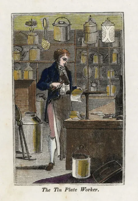 Framed Print : Tin-plate worker in apron beating tin on an Framed Print : Tin-plate worker in apron beating tin on an