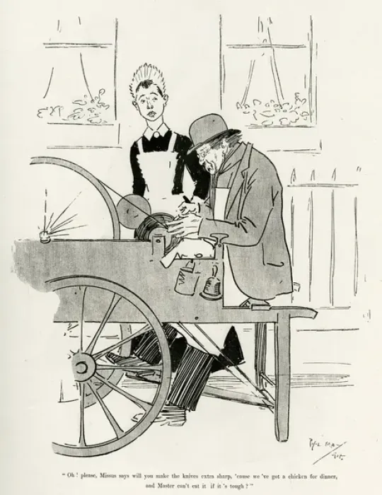 Framed Print : Tinker sharpening a knife for a maid 1894 Framed Print : Tinker sharpening a knife for a maid 1894