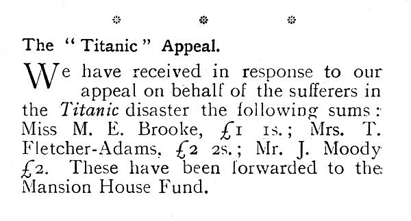 Titanic disaster appeal fund - report of donations in Tatler