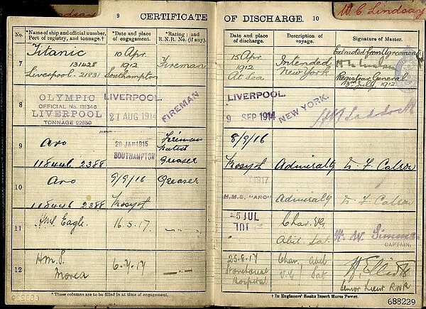 Titanic fireman Lindsay continuous certificate of discharge