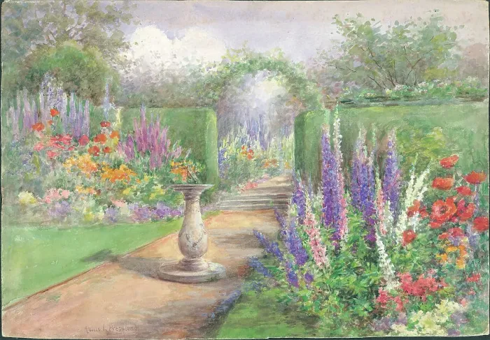 Framed Print : (No title). Garden with flower borders, hedging and sundial Framed Print : (No title). Garden with flower borders, hedging and sundial