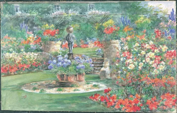 Framed Print : (No title Garden with flowers statue steps Framed Print : (No title Garden with flowers statue steps