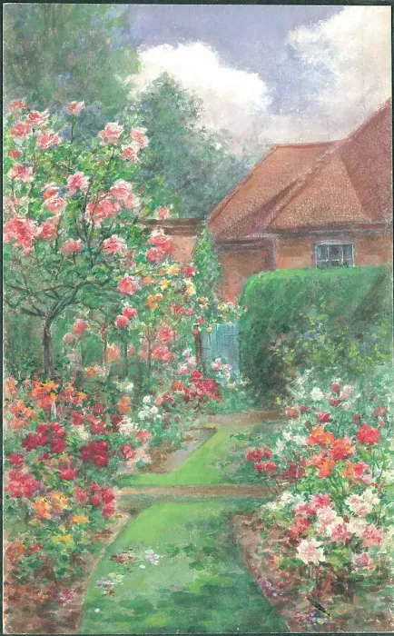 Framed Print : (No title). Garden with path, flower borders and house Framed Print : (No title). Garden with path, flower borders and house