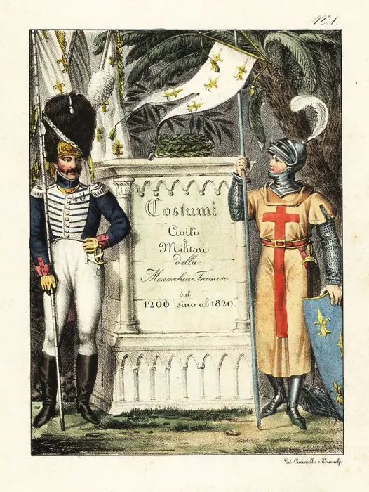 Framed Print : Title page with French crusader and Napoleonic soldier Framed Print : Title page with French crusader and Napoleonic soldier
