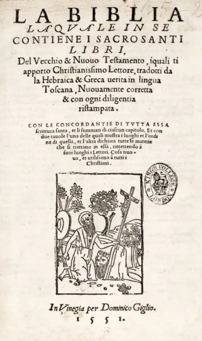 Framed Print : Title page from an Italian Bible with woodcut depicting St J Framed Print : Title page from an Italian Bible with woodcut depicting St J