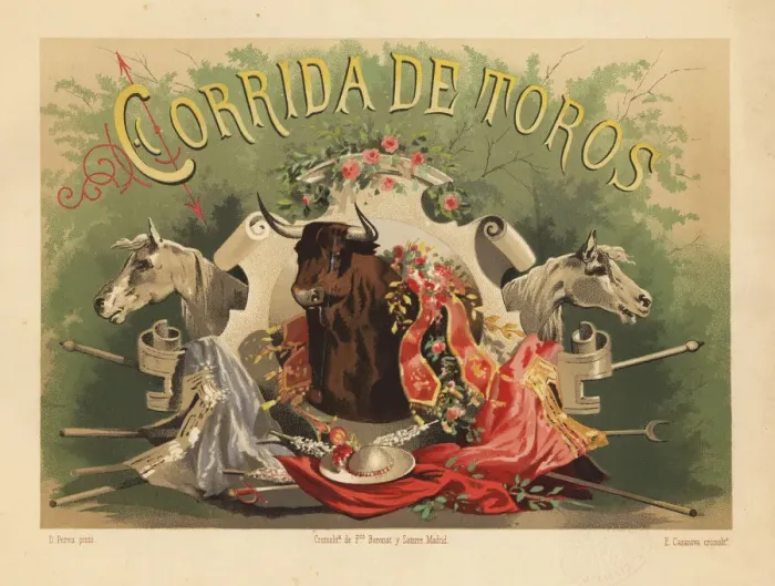 Framed Print : Title page with vignette of bull, picador Framed Print : Title page with vignette of bull, picador