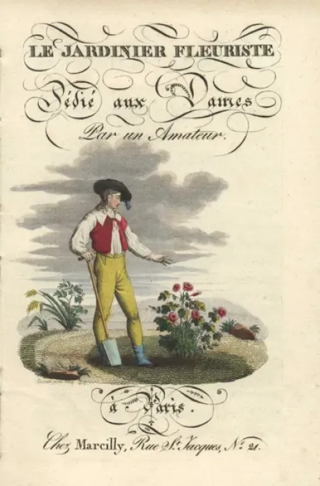 Framed Print : Title page with vignette of a gardener tending a rose bush Framed Print : Title page with vignette of a gardener tending a rose bush