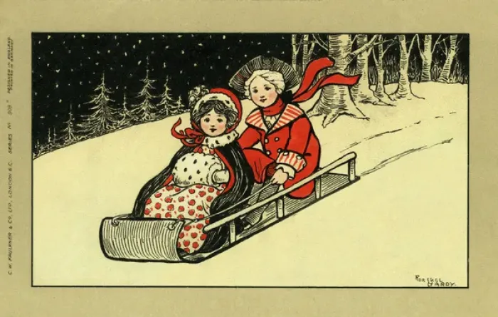 Framed Print : Tobogganning couple by Florence Hardy Framed Print : Tobogganning couple by Florence Hardy