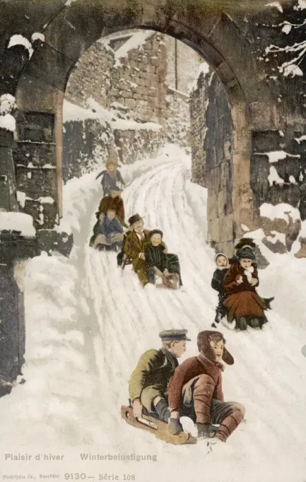 Framed Print : Several toboggans travel underneath a stone arch. Date: circa 1905 Framed Print : Several toboggans travel underneath a stone arch. Date: circa 1905