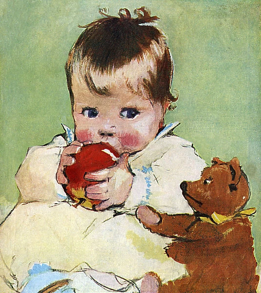 Toddler with apple and teddy by Muriel Dawson