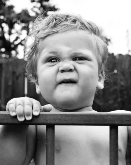 Framed Print : Toddler in a playpen in a garden Framed Print : Toddler in a playpen in a garden