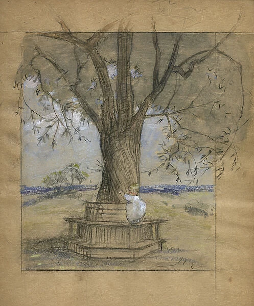 Toddler on a seat under a tree, by Muriel Dawson