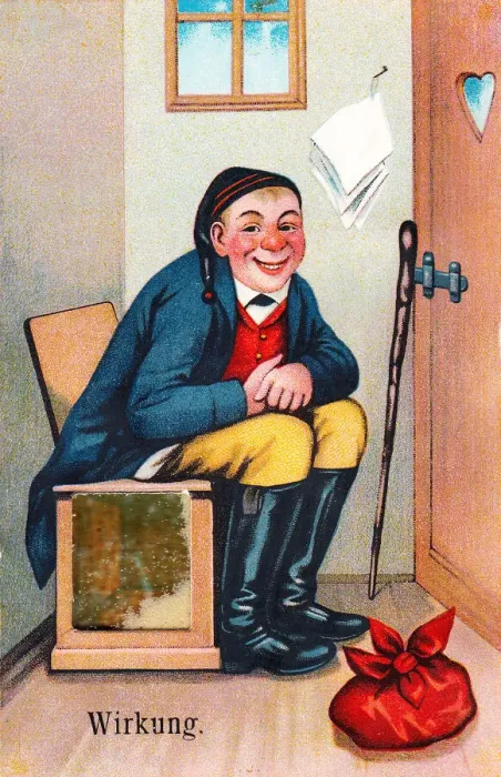 Framed Print : Toilet humour on a comic German greetings card Framed Print : Toilet humour on a comic German greetings card