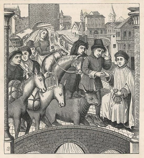 Tolls 15th Century. Flemish merchants pay a toll in order to cross a bridge
