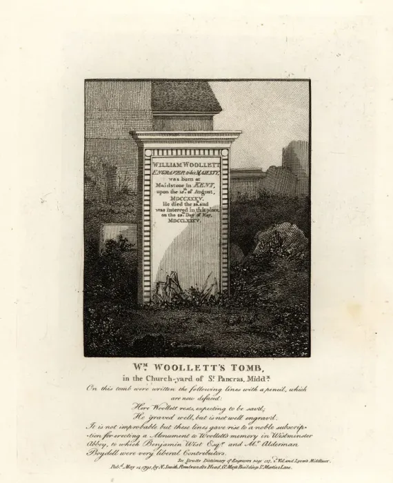 Framed Print : Tomb of royal engraver William Woollett, died 1735 Framed Print : Tomb of royal engraver William Woollett, died 1735
