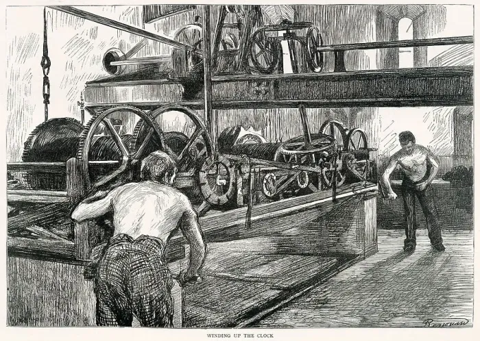 Framed Print : It took two men several hours three times a week to wind up the Clock Tower (Elizabeth Tower), so Londoners could get an accurate time. Date: 1877 Framed Print : It took two men several hours three times a week to wind up the Clock Tower (Elizabeth Tower), so Londoners could get an accurate time. Date: 1877