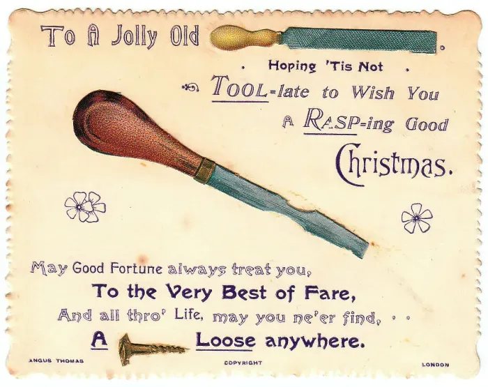 Framed Print : Tools with comic verse on a Christmas card