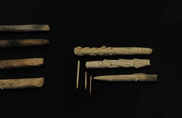 Tools of flint and animal bones. Performed by Homo sapiens
