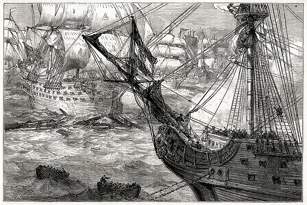 The Torbay forcing the boom at the Battle of Vigo Bay, Galicia, Spain, 23 October 1702