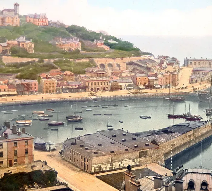 Framed Print : Torquay Harbour, Victorian period, hand coloured photo Framed Print : Torquay Harbour, Victorian period, hand coloured photo