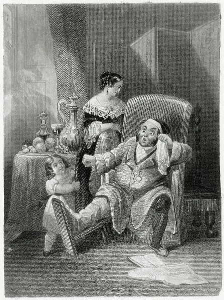 A touch of gout - an elderly gentleman mops his brow whilst his wife and young daughter attend to him Date: Nineteenth century