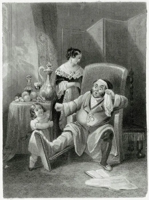 Framed Print : A touch of gout - an elderly gentleman mops his brow whilst his wife and young daughter attend to him Date: Nineteenth century Framed Print : A touch of gout - an elderly gentleman mops his brow whilst his wife and young daughter attend to him Date: Nineteenth century