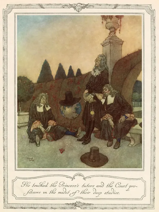 Framed Print : She touched the Princess's tutors and the Court professors in the midst of their deep studies. Scene from Sleeping Beauty, illustrated by Edmund Dulac. Date: 1911