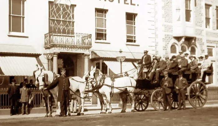Framed Print : Tourist excursion trip outside the Royal Hotel, Llandudno Framed Print : Tourist excursion trip outside the Royal Hotel, Llandudno