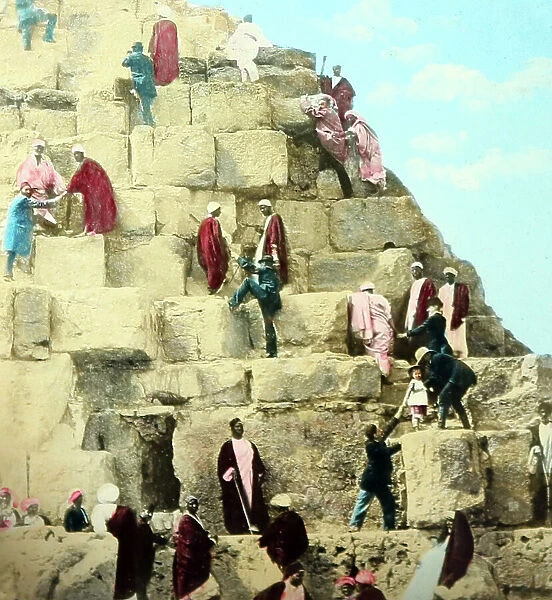 Tourists climbing the Great Pyramid, Victorian period