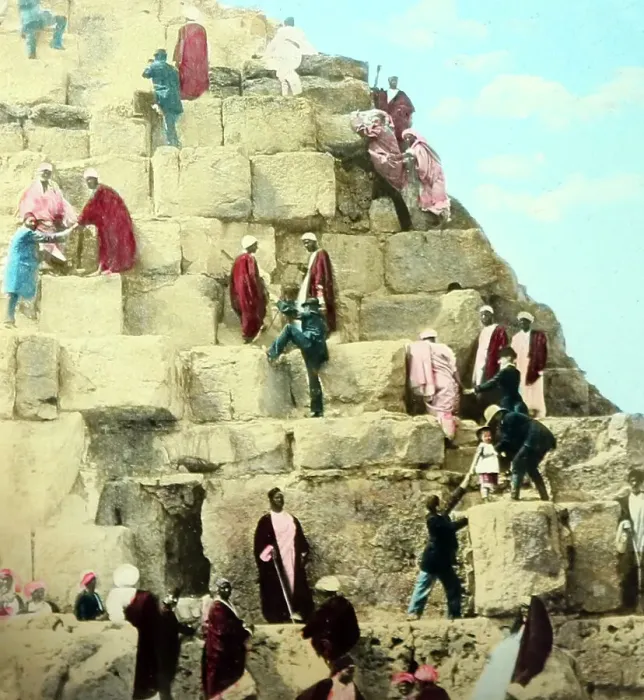 Framed Print : Tourists climbing the Great Pyramid, Victorian period Framed Print : Tourists climbing the Great Pyramid, Victorian period