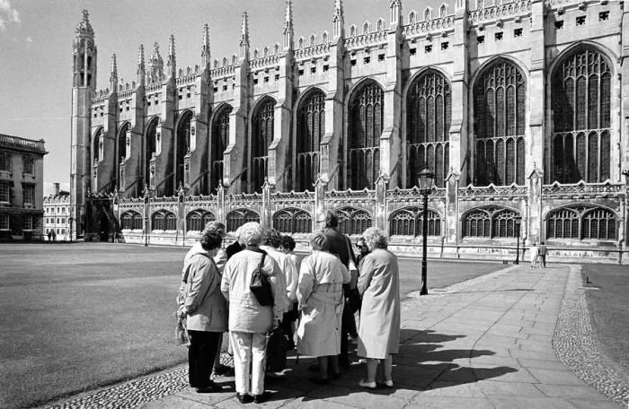 Framed Print : Tourists on a guided tour of Kings College, Cambridge