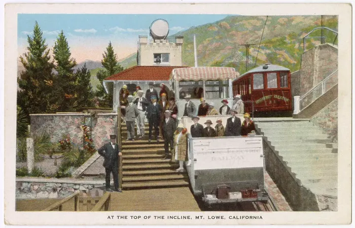Framed Print : Tourists at the top of Mount Lowe, Los Angeles County, California, USA, with Pacific Electric railway cars Date: circa 1915 Framed Print : Tourists at the top of Mount Lowe, Los Angeles County, California, USA, with Pacific Electric railway cars Date: circa 1915