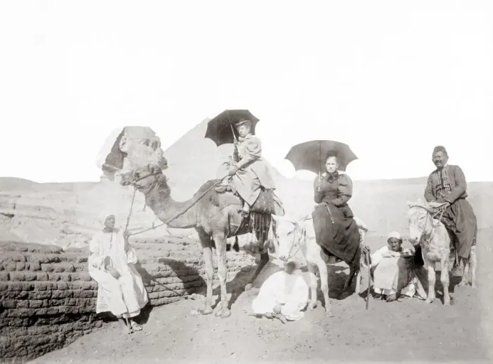 Framed Print : Tourists at the Sphinx with camel and donkey, Egypt, c. 1900 Framed Print : Tourists at the Sphinx with camel and donkey, Egypt, c. 1900