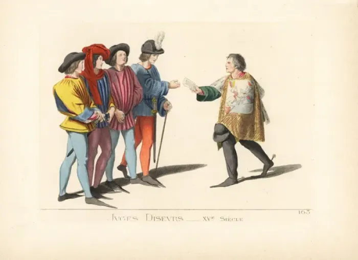 Framed Print : Four tournament judges and king of arms, 15th century Framed Print : Four tournament judges and king of arms, 15th century
