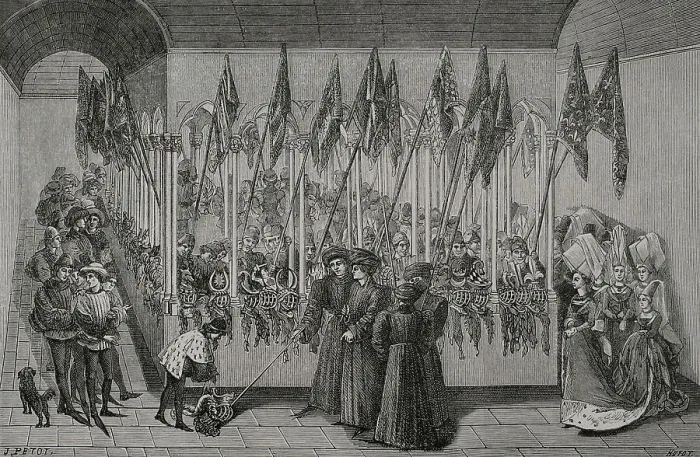 Framed Print : Tournaments. Review of helmets in the cloister Framed Print : Tournaments. Review of helmets in the cloister