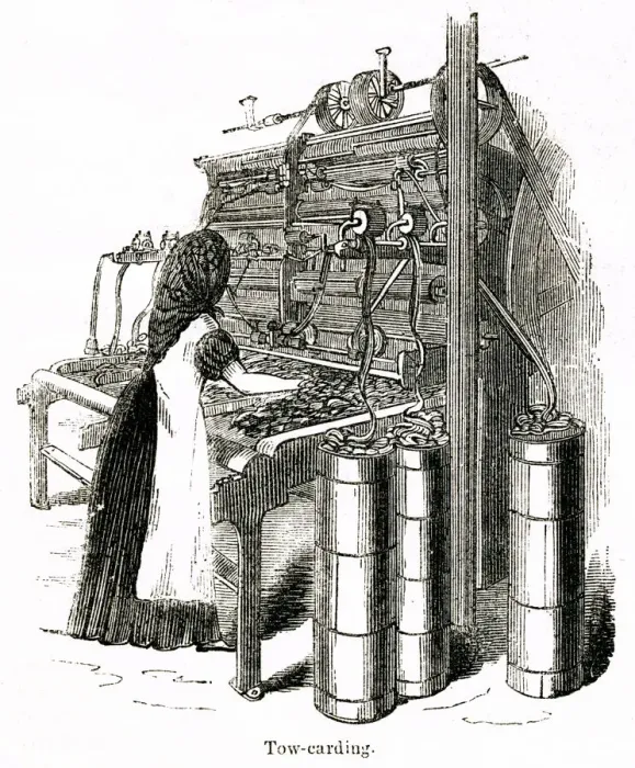 Framed Print : Tow carding in a Yorkshire flax mill Framed Print : Tow carding in a Yorkshire flax mill