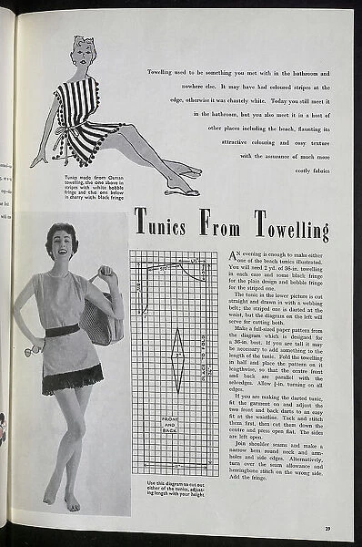 A towelling tunic for the beach, complete with a pattern to make it oneself. Date: 1954