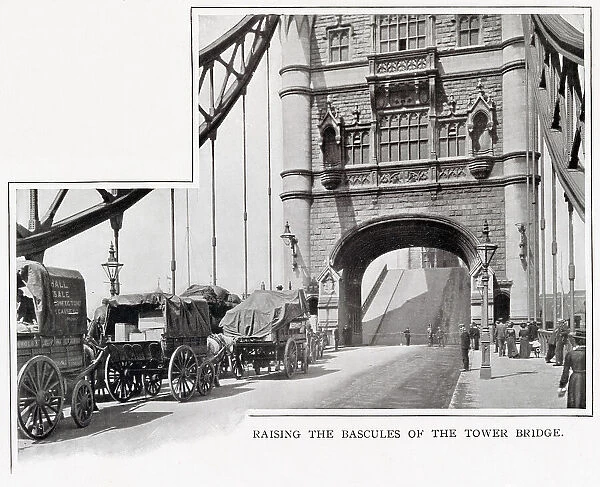 Tower Bridge opening its bascules to let tall ships go past. Date: 1900