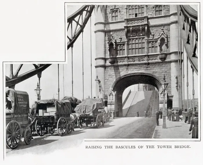 Framed Print : Tower Bridge opening its bascules to let tall ships go past. Date: 1900 Framed Print : Tower Bridge opening its bascules to let tall ships go past. Date: 1900