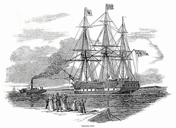 Framed Print : Towing Out, Migrant Ship bound for Australia from Germany Framed Print : Towing Out, Migrant Ship bound for Australia from Germany