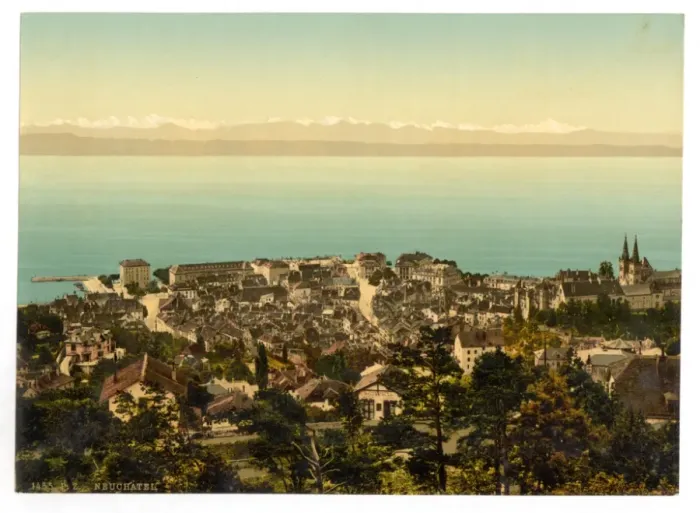 Framed Print : The town, general view showing the Alps, Neuchatel, Switzerl Framed Print : The town, general view showing the Alps, Neuchatel, Switzerl