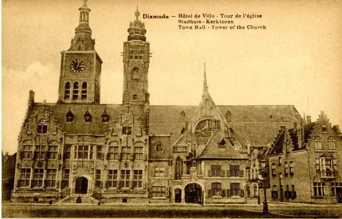 Framed Print : Town Hall and Church Tower, Dixmude, Belgium Framed Print : Town Hall and Church Tower, Dixmude, Belgium
