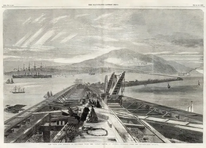 Framed Print : The Town and Harbour of Holyhead with the Great Eastern at anchor - sketched from the Breakwater. Date: 1859 Framed Print : The Town and Harbour of Holyhead with the Great Eastern at anchor - sketched from the Breakwater. Date: 1859
